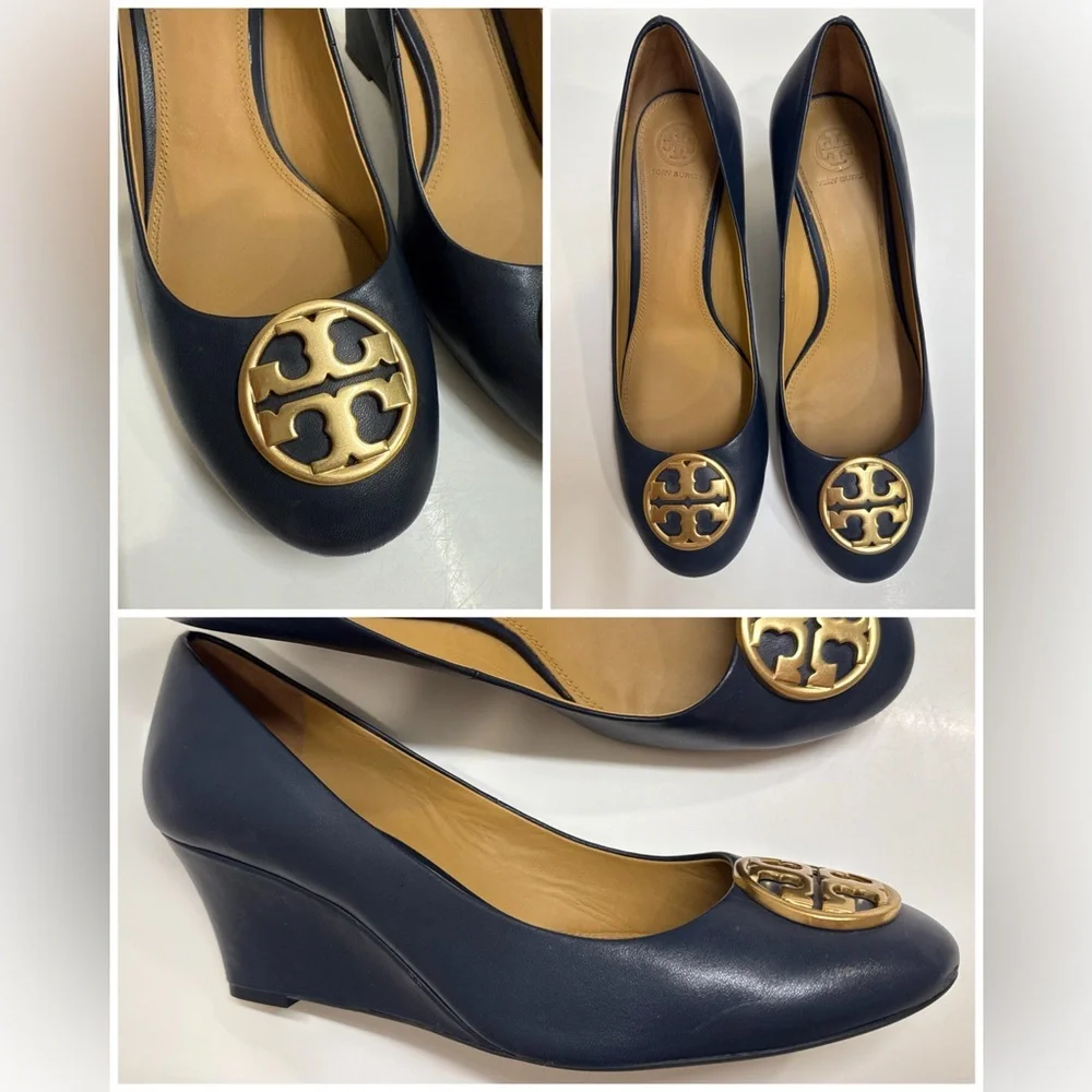 Tory Burch Chelsea 65 Wedge Pumps Navy‎ Leather Gold Logo Size 9.5